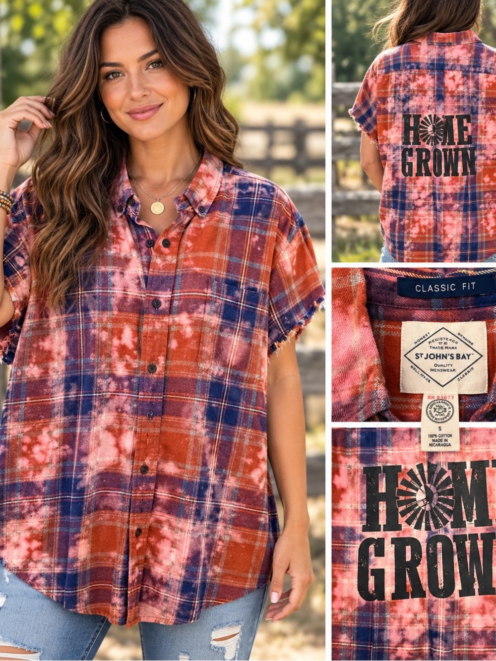 St. John's Bay Home Grown Upcycled Sleeveless Bleached Flannel Plaid Tie-Dye